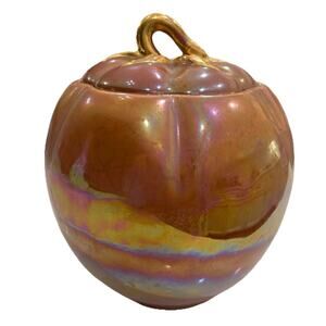 Vtg Fall Pumpkin Canister Orange Lusterware Iridescent Gold Lid Stem Cookie Jar